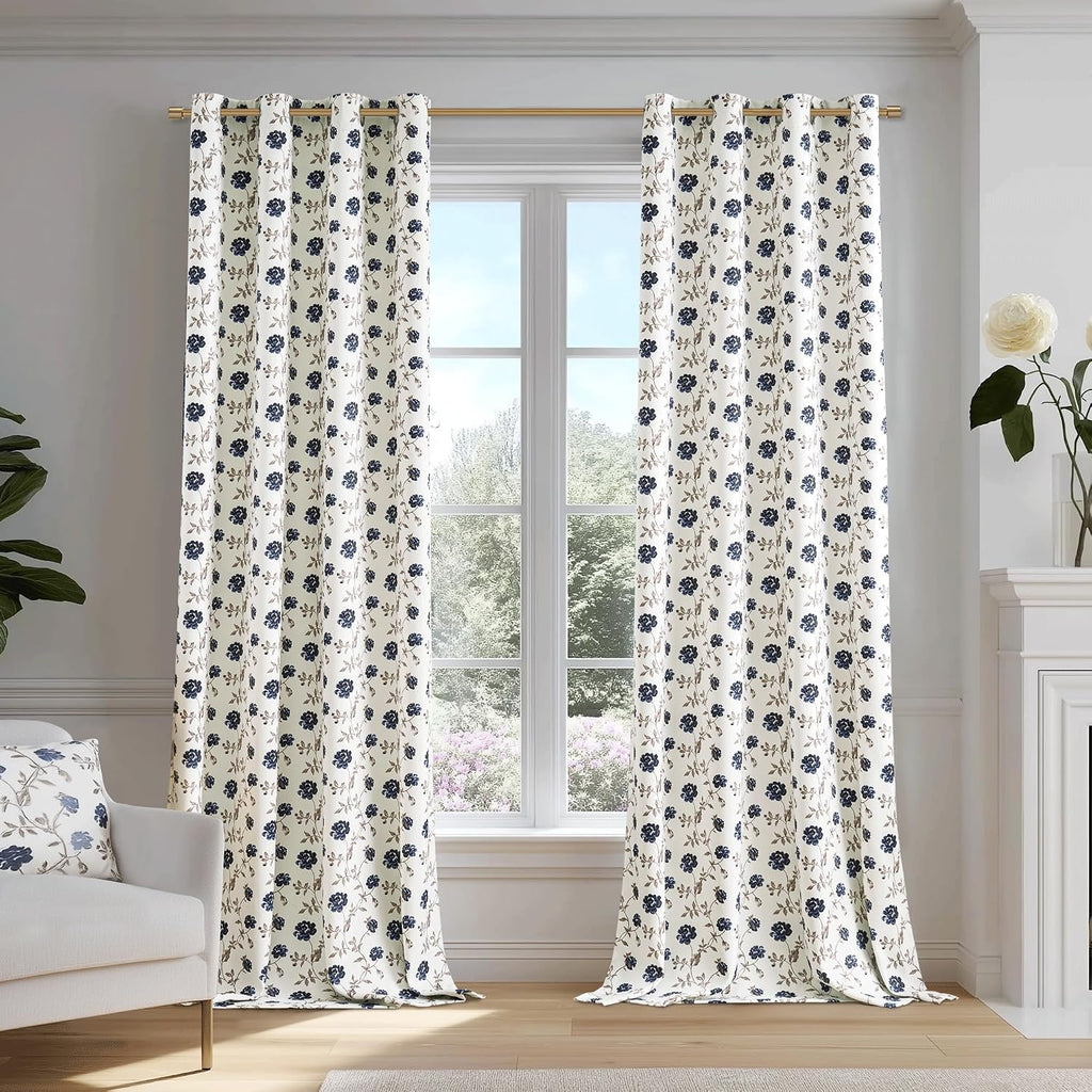 Floral 100% Blackout Curtains Blue Brown 52x96 2 Panels