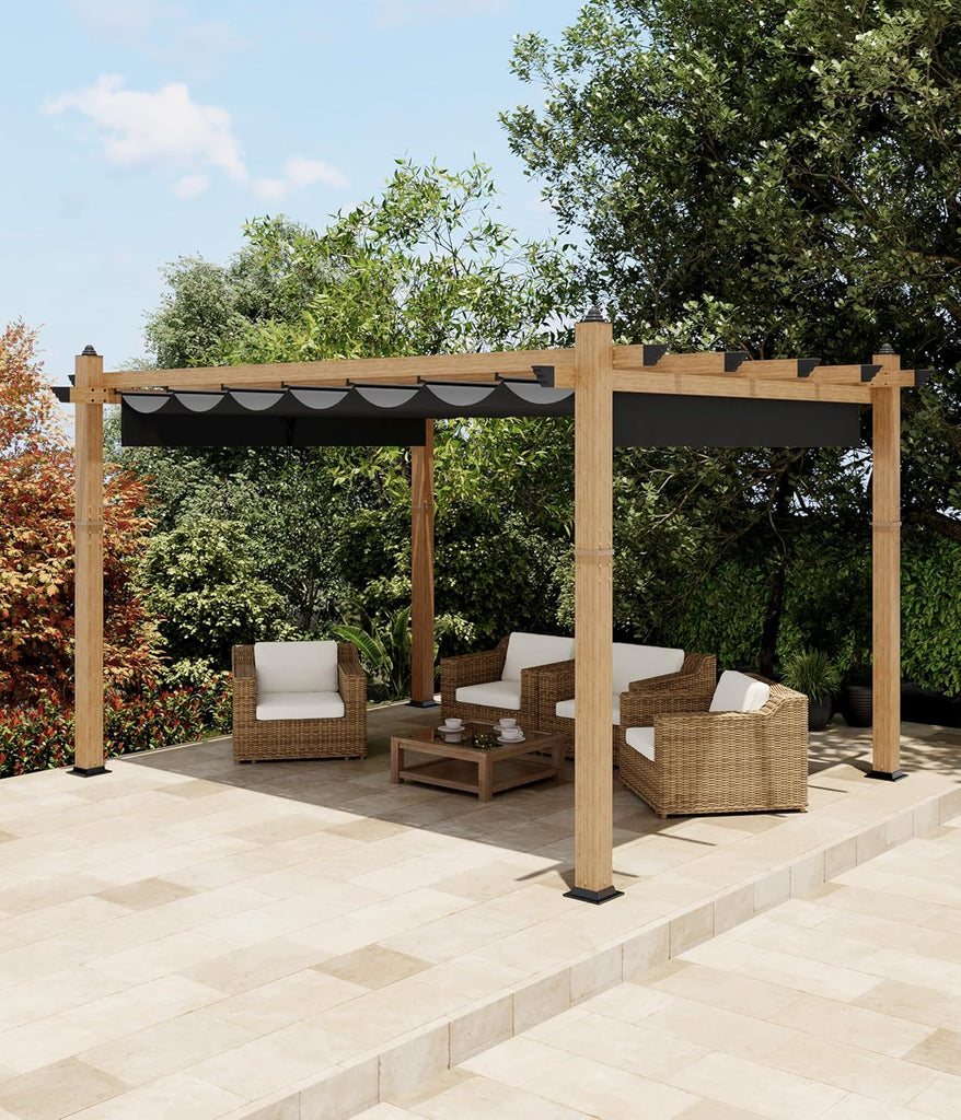 10x13 Ft Outdoor Pergola with Retractable Canopy Upgraded Wood Grain Patio Pergola for Modern Backyard Deck