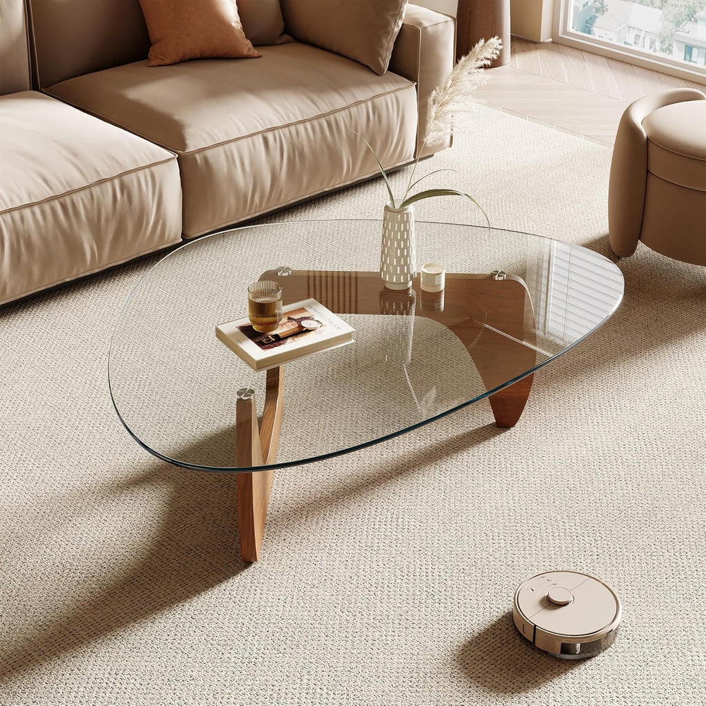 Morden Coffee Table, 42.5" x 28.5" x 16.1" Triangle Tempered Glass Top, Color: Natural Wood