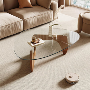 Morden Coffee Table, 42.5" x 28.5" x 16.1" Triangle Tempered Glass Top, Color: Natural Wood