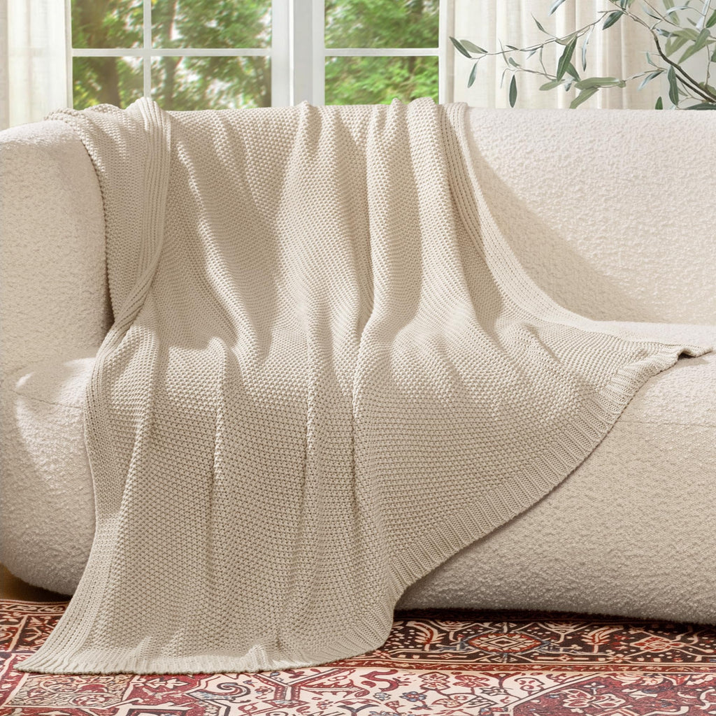 100% Cotton Cable Knit Throw Blanket, Lightweight Soft Knit Blanket for Sofa Couch Bed, Breathable All-Season Throw
