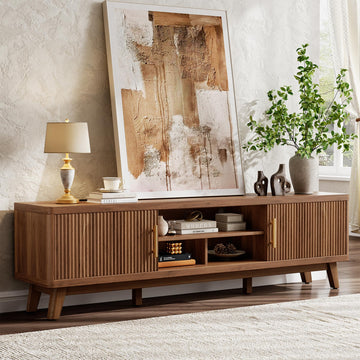 70" Mid Century Modern TV Stand, Fluted Entertainment Center TV Stand with Power Outlet, Reinforced 1.1'' Tabletop