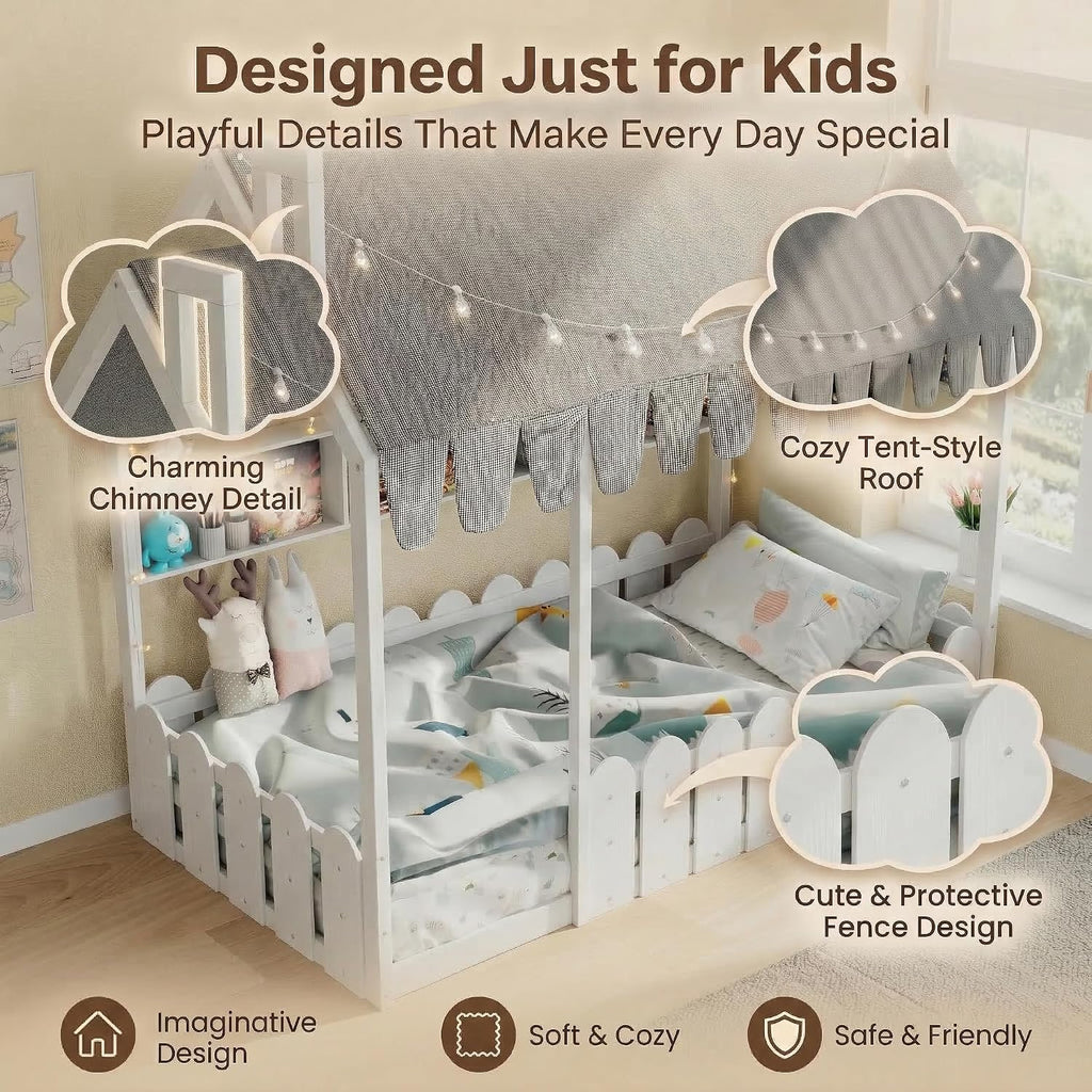 Twin Montessori House Floor Bed for Kids with Fence Railings, Tent & Lights, Wooden Kids Floor Bed Frame with 3