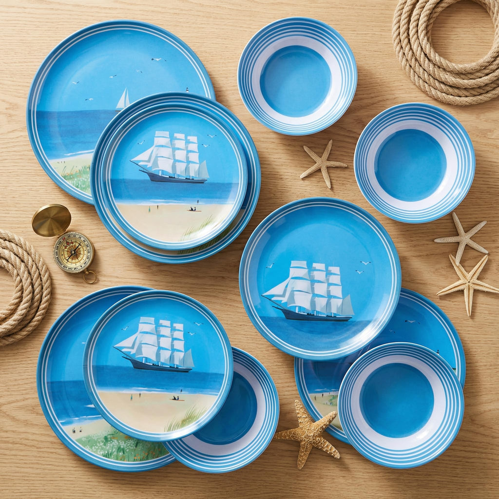 Outdoor Melamine Dinnerware Set for 4, 12-Piece Sailboat Plates and Bowls