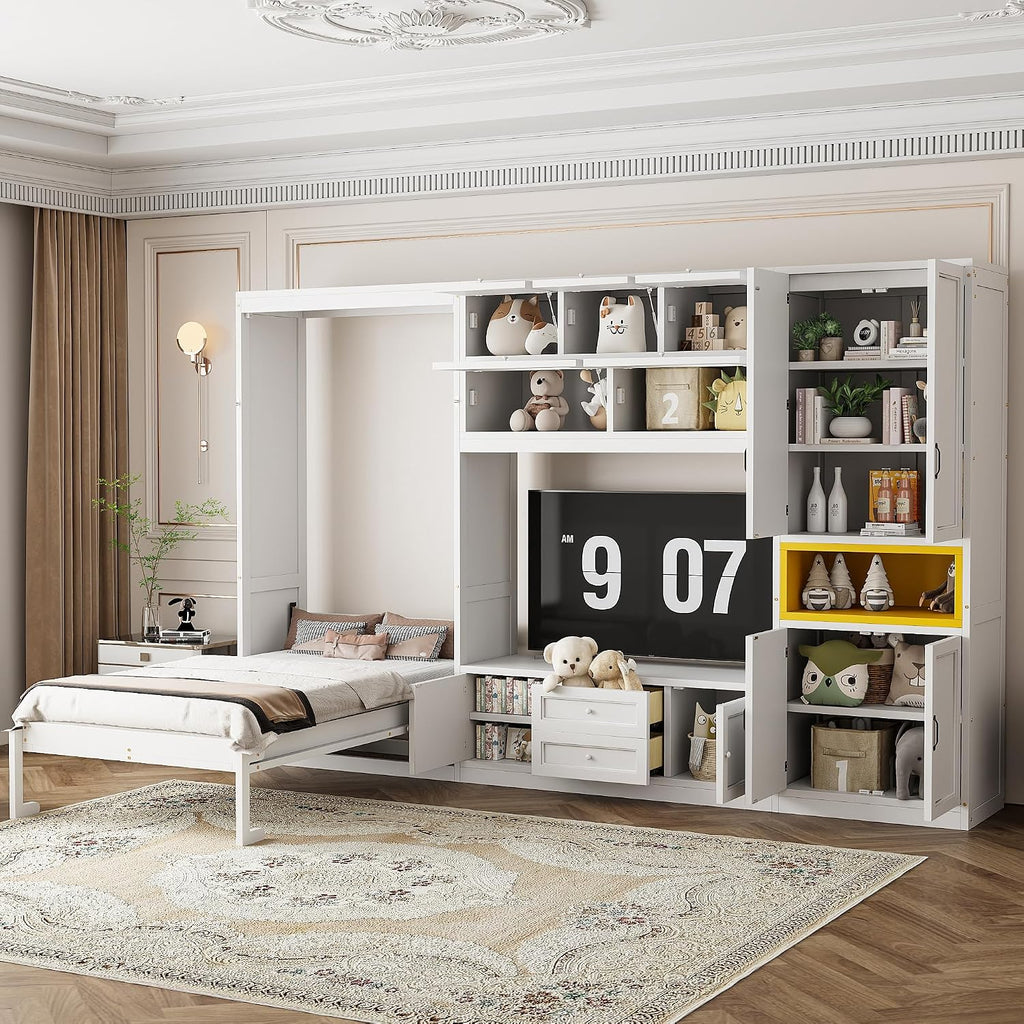 Twin Murphy Bed with TV Stand and Storage, Solid Wood Construction - White, Space-Saving Design