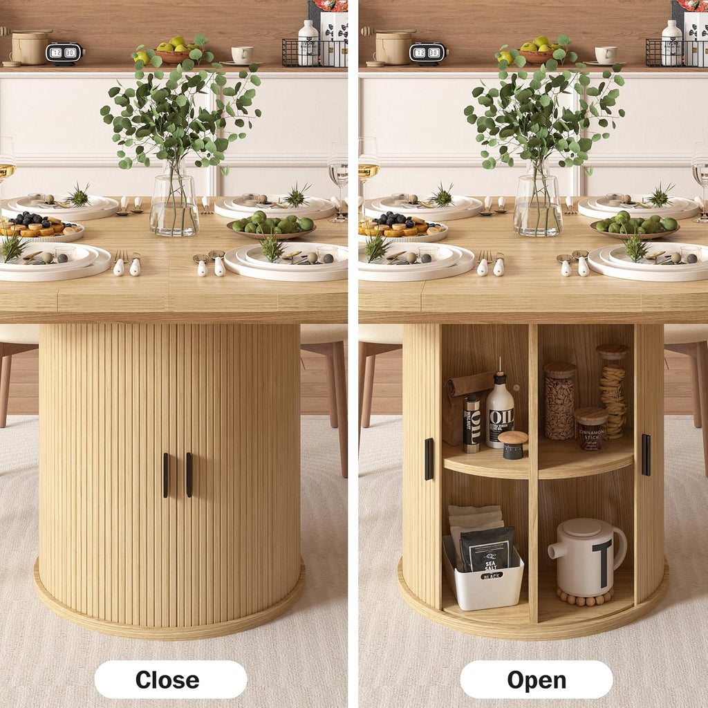 Extendable Dining Table 43-59" for 4-6 People, Solid Wood Top with Fluted Slide Door & 8-Compartment Storage, Space