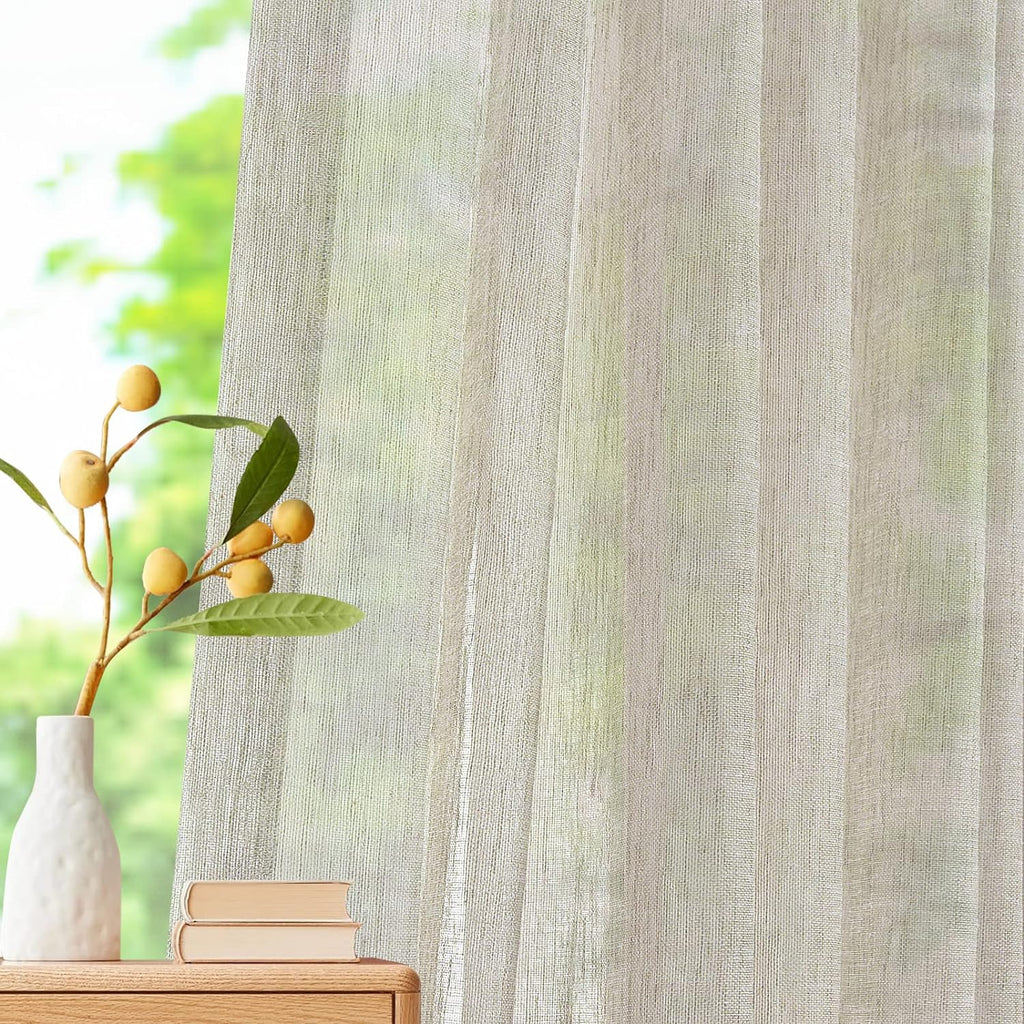 Sheer Curtains, Faux Linen Double Pleated Window Sheer Curtains Panels Drapery for Home, Hotel, Office