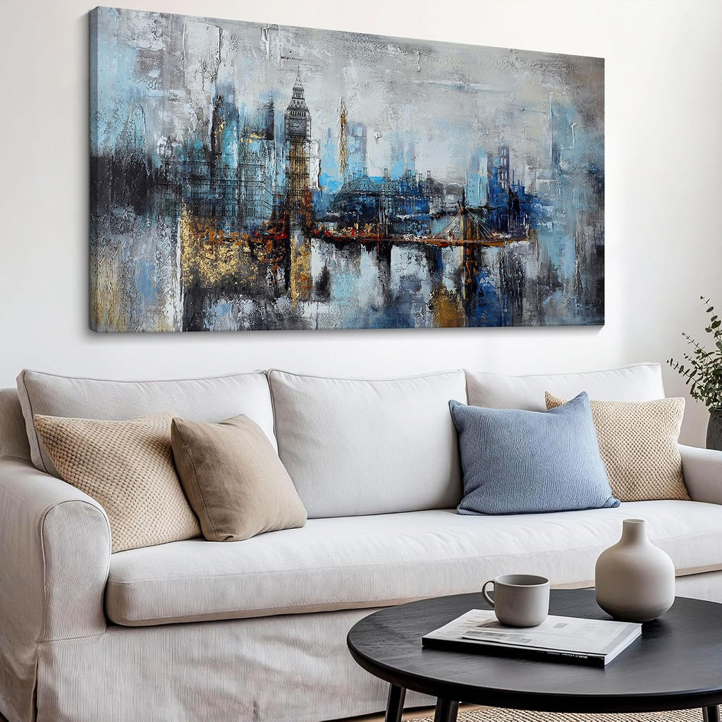 Large Wall Art Abstract City View Canvas Art Modern Home Decor Gray Blue Buildings Prints Wall Art Office Artwork