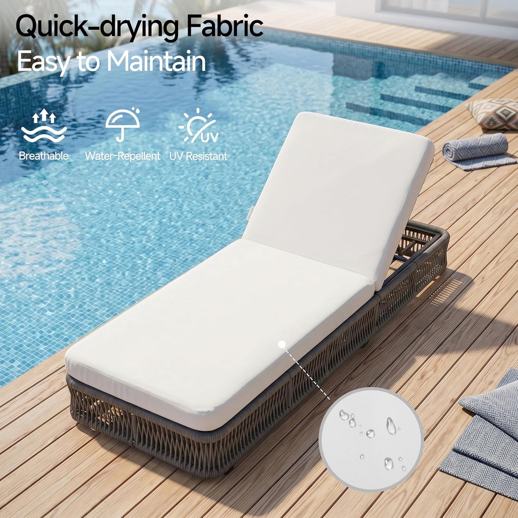 Outdoor Chaise Lounge Chair, Gray Woven Rope Patio Recliner with 5-Position Adjustable Backrest, Pool Sunbathing