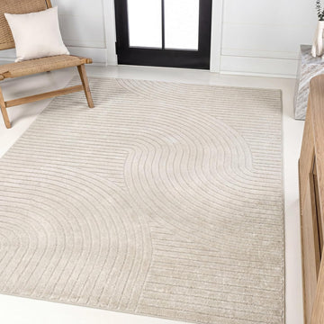 Y Hallie High-Low Curve Ivory/Cream Indoor/Outdoor Area Rug, 8x10, Minimalist, Japandi, Pet Friendly