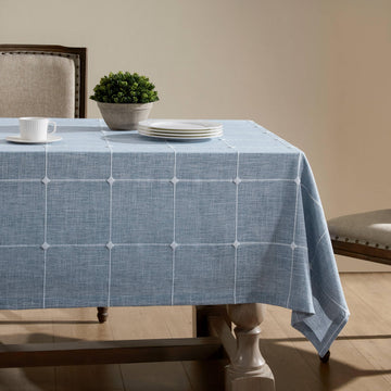 Grid Embroidered Rectangle Hemmed Tablecloths 60x104in, Blue