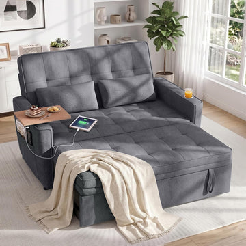 54'' Convertible Sleeper Sofa Bed with Swivel Side Table, Chenille Pull Out Couch , Loveseat Sleeper Couch with Side