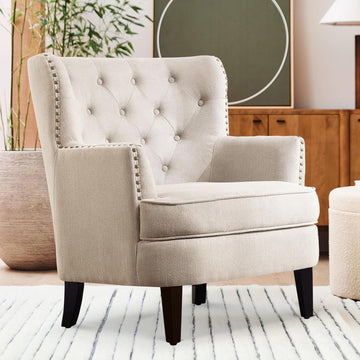 Harris Velvet Upholstered Club Chair 34.5"H, Barrel Chair, Wingback Tufted Button Armchair, Contemporary Nailhead