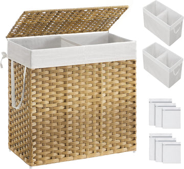 Laundry Hamper with Lid, 130L Wicker Laundry Basket | 6 Mesh Bags, 2 Removable Liner Bags, 13 x 26 x 23.6 Inches