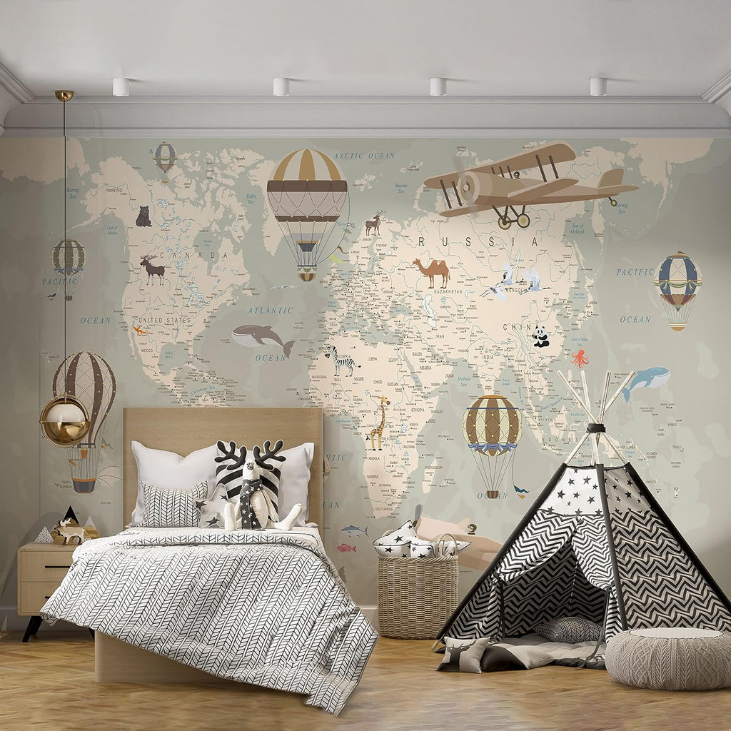 Kids World Map Wallpaper with Animals-Peel and Stick Educational Decals-Nursery Murals for Baby, Toddlers, Boys, Kids