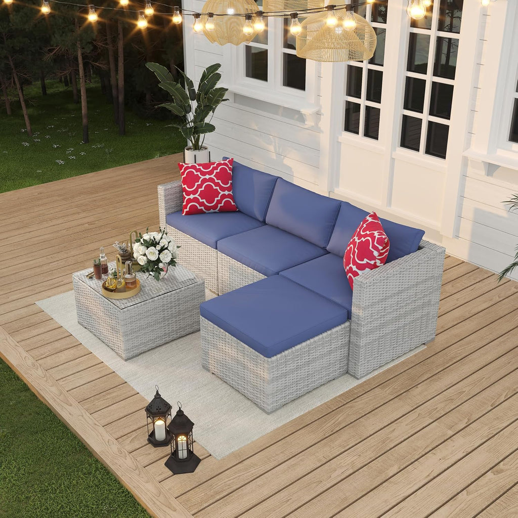 5 Piece Patio Furniture Set, Rattan Sectional Sofa with Glass Storage Table | Rust-Resistant Steel Frame,PE