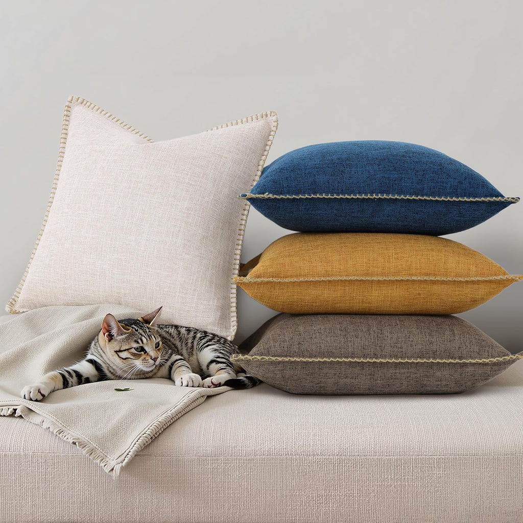 Summer Decorative Throw Pillow Covers 18x18 Set of 2 Square Faux Linen Outdoor Neutral Farmhouse Pillow Covers with