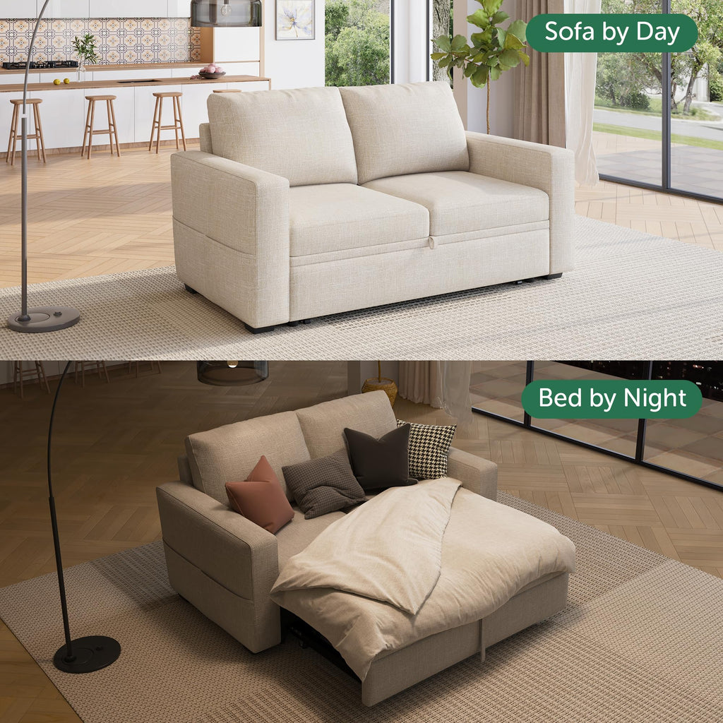 Modular Sleeper Sofa with Pull Out, Linen Convertible Loveseat-Beige