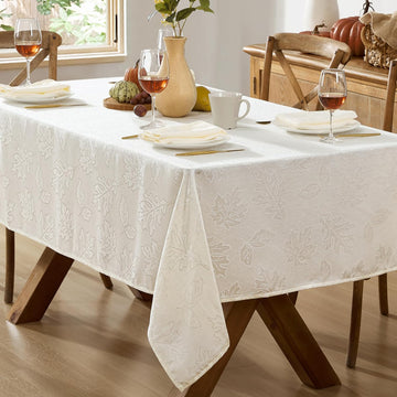 Ivory Fancy Leaves Damask Fabric Holiday Tablecloth, 52 x 70 Inch Rectangle, Elegant Swirling Leaf Pattern, No Iron