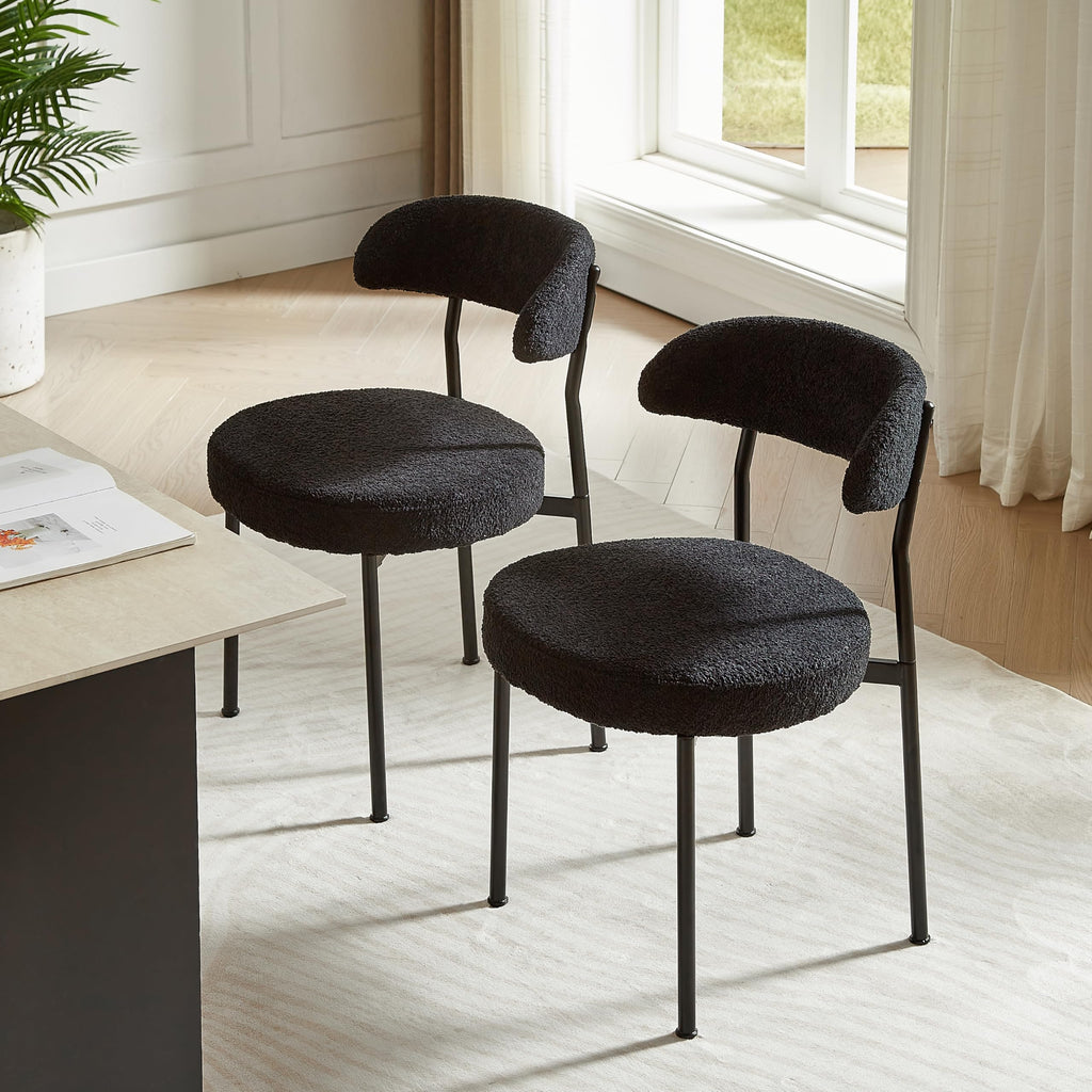 Black Boucle Set of 4, Kitchen Dining Room Chairs Curved Backrest Upholstered Mid Century Modern Chairs with Black
