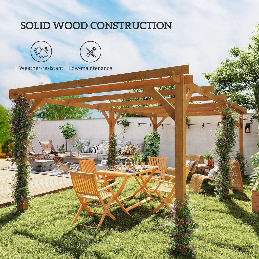 10' x 13' Outdoor Pergola, Wood Gazebo Grape Trellis with Stable Structure and Concrete Anchors for Climbing Plant