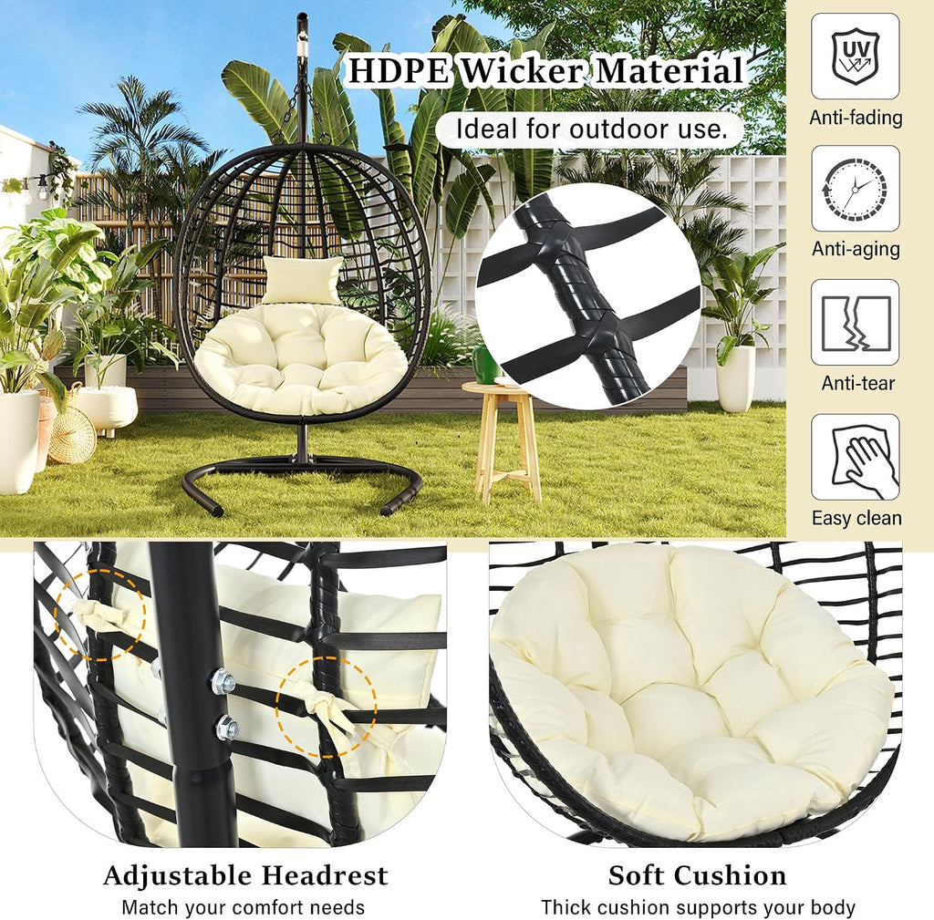 Indoor Outdoor Egg Chair with Stand, Foldable Egg Swing Chairs with Comfy Cushion/Removable Headrest/Adjustable Feet