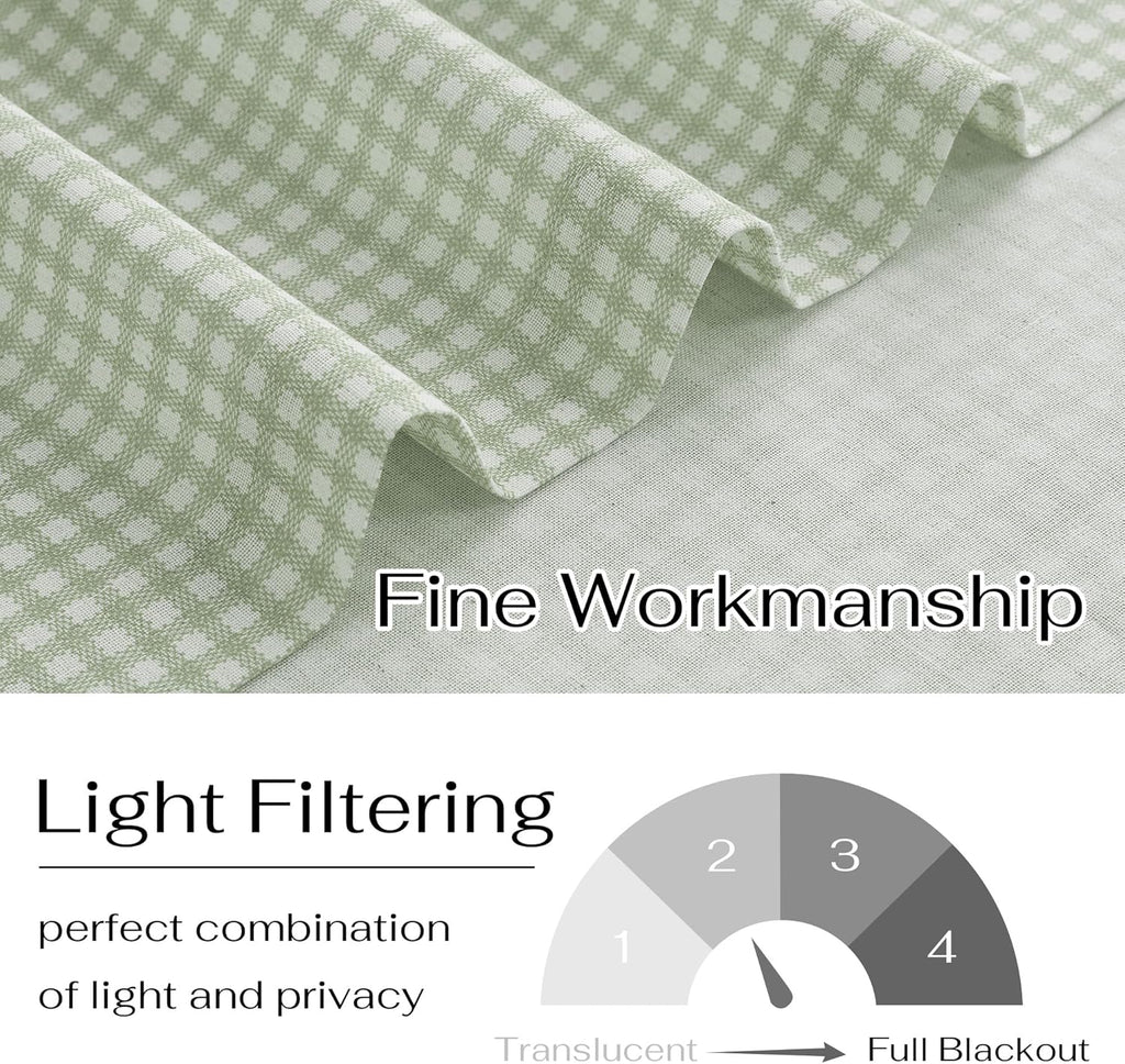 Sheer Linen Curtains, Light Green Plaid Cafe Curtains for Living Room Bedroom, Farmhouse Bathroom