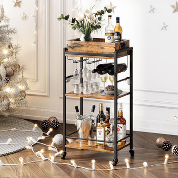 3 Tier Rolling Bar Cart with Wheels, Wine Cart with Removable Tray, Rustic Bar Carts Small, Drink Cart for Small