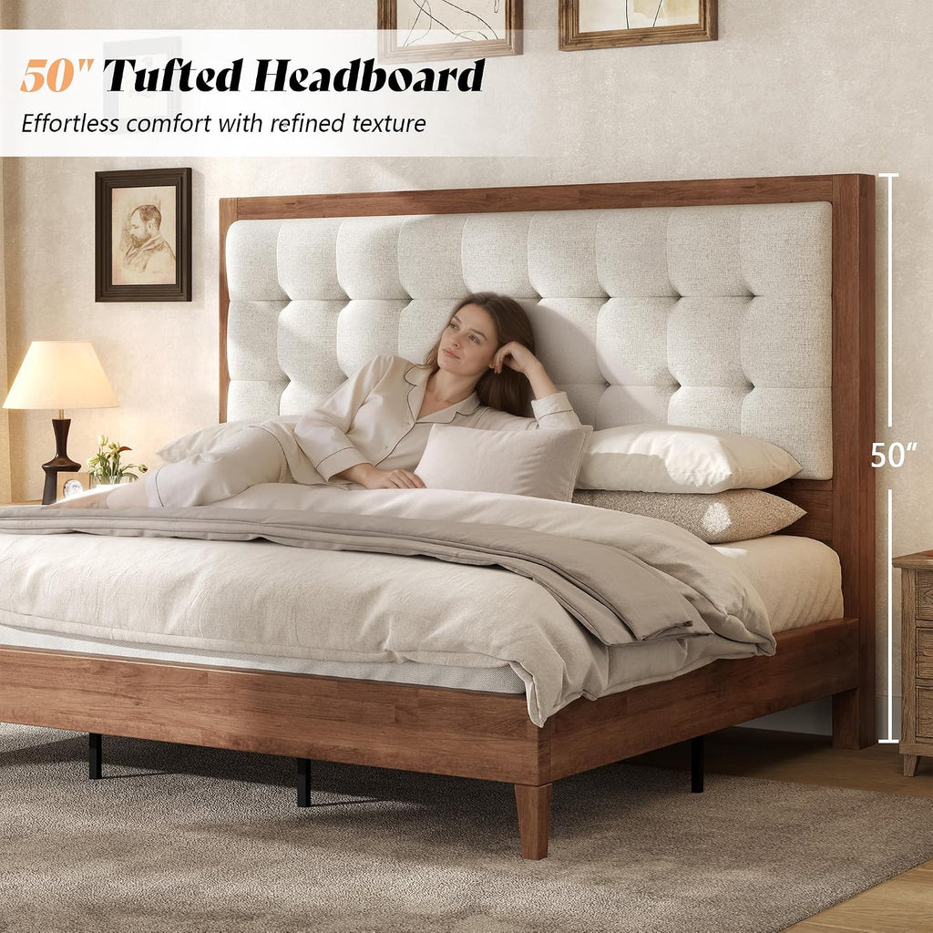 Queen Bed Frame with Headboard, Solid Wooden Bed Frame Queen Platform Bed Mid-Century Style, No Box Spring Required
