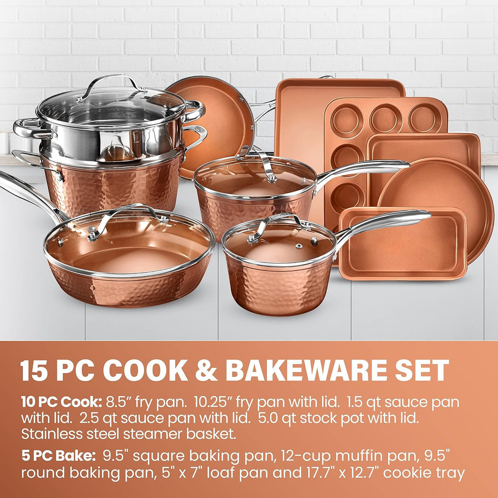 Hammered 15Pc Pots and Pans Set Non Stick Ceramic Cookware Set | Full Bakeware Set and Steamer Included, Induction