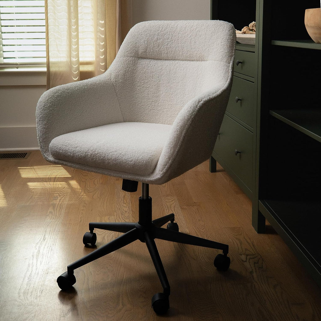 Swivel Task Chair with Flared Arms for Home Office in White Boucle with Oil Rubbed Bronze Frame