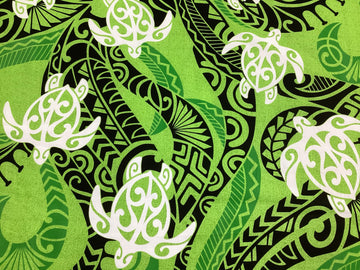 Green Background Hawaiian Tribal with Honu (Turtle) Poly Cotton Hawaiian Print Fabric Sold by The Yard