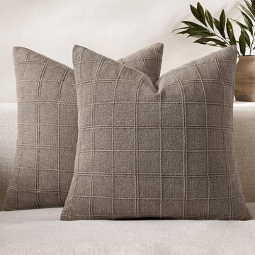 24x24 Inch Set of 2 Euro Linen Plaid Throw Pillow Covers, Taupe