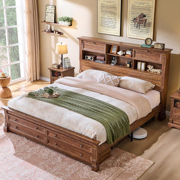 Farmhouse Queen Bed Frame with 54" Tall Storage Bookcase Headboard, Wood Platform Bed Frame with 18" Tall Roman