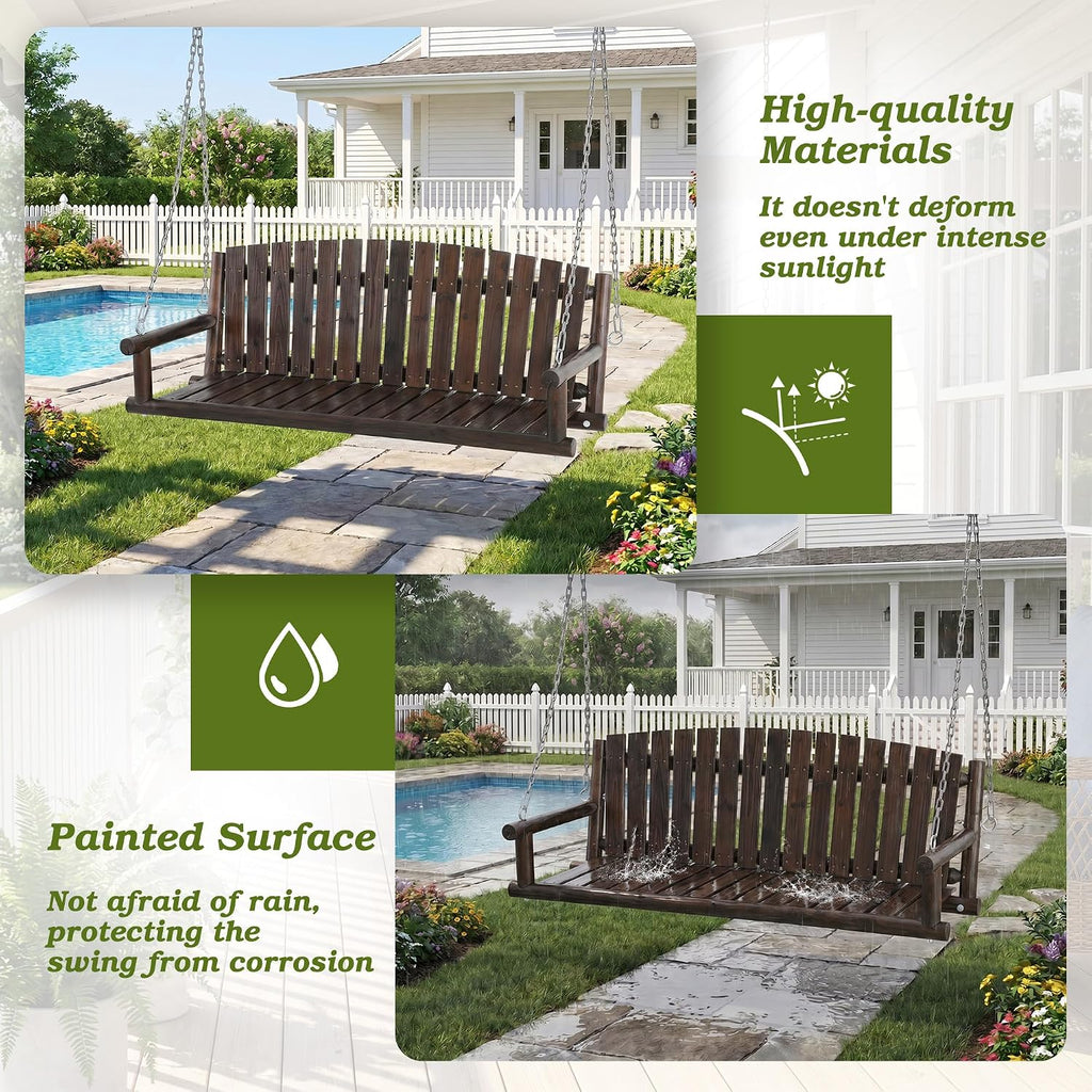 5FT Wooden Hanging Porch Swing, Outdoor 3 Person Patio Bench, Heavy Duty 900 LBS Swings Chair, 3-Seat Solid Fir Wood
