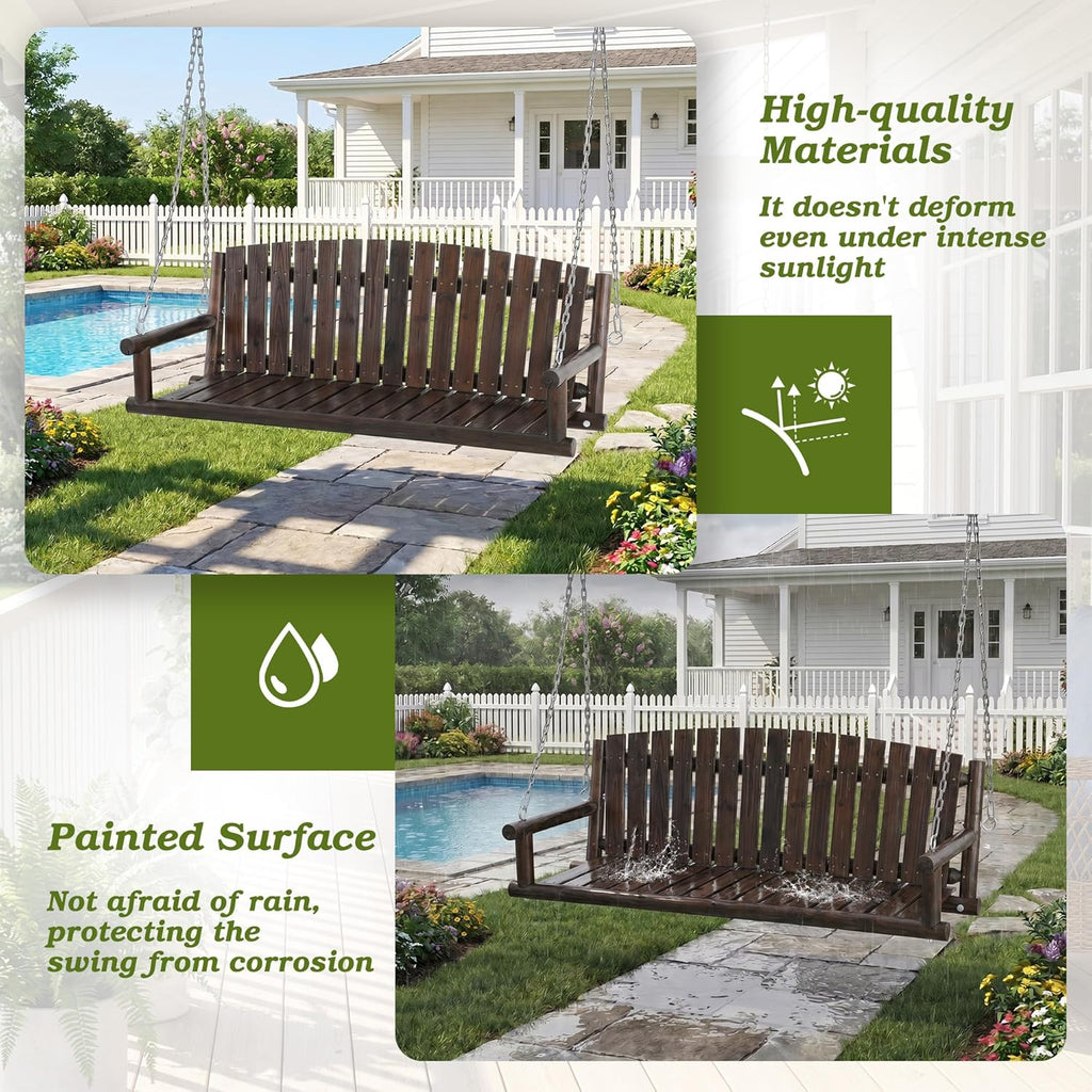 5FT Outdoor Wooden Porch Swing, 3 Person Patio Hanging Bench, Heavy Duty 900 LBS Swing Chair, Solid Fir Wood Porch