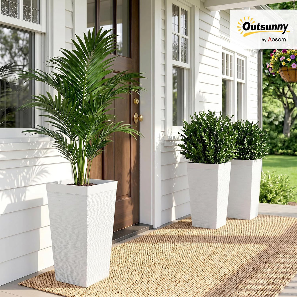 22.8 Inch Tall Planters for Outdoor Plants Set of 3, White | Wheels, Flower Pots, Stone Finish, Stackable Tapered
