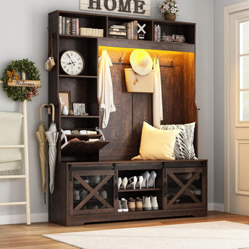 75''H 59''W Large LED Farmhouse Hall Tree with Bench and Shoe Storage,Entryway Bench with Coat Rack,16 Shoe Cubbies &