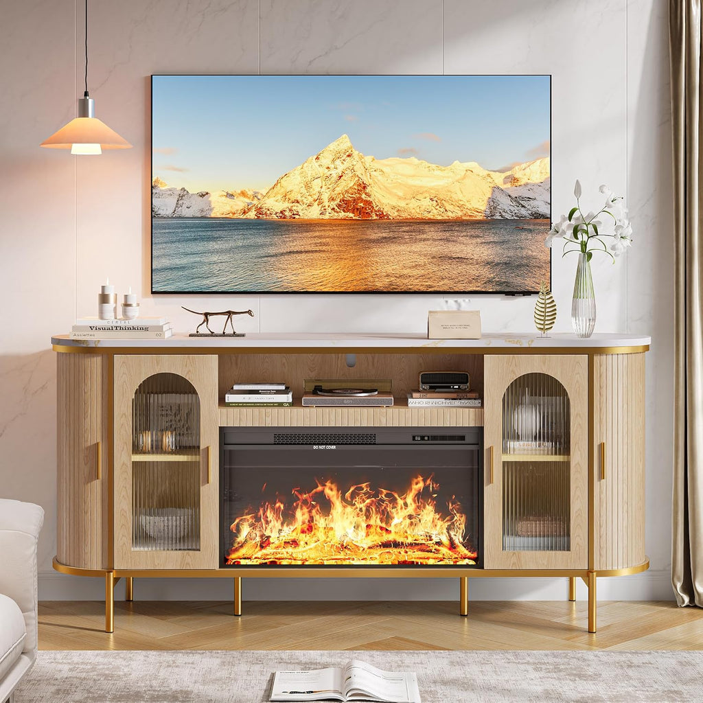 70" Fluted Fireplace TV Stand for TVs Up to 80 Inches, Entertainment Center with 30" Fireplace, Reeded Glass Door