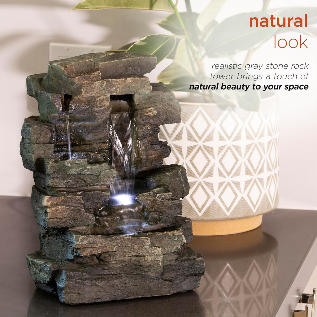 13" Tall Indoor Tabletop Water Fountain, 4 Tier Cascading Water Feature with LED Lights, or Zen Decor, Gray