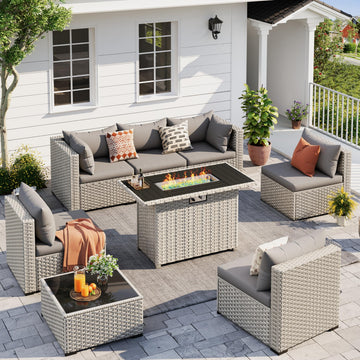 Outdoor Patio Furniture Set with Fire Pit 8 Pcs Wicker Sectional Sofa Grey