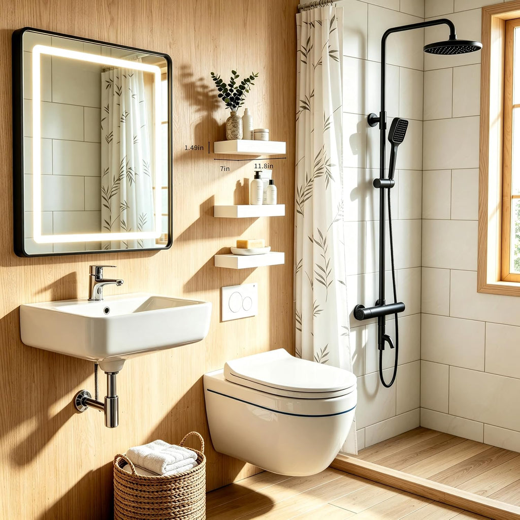 Floating Shelves, White Wooden Set of 3, 12" x 7" x 1.5" | Bathroom Shelves Over Toilet, Wall Mounted Hanging Shelves