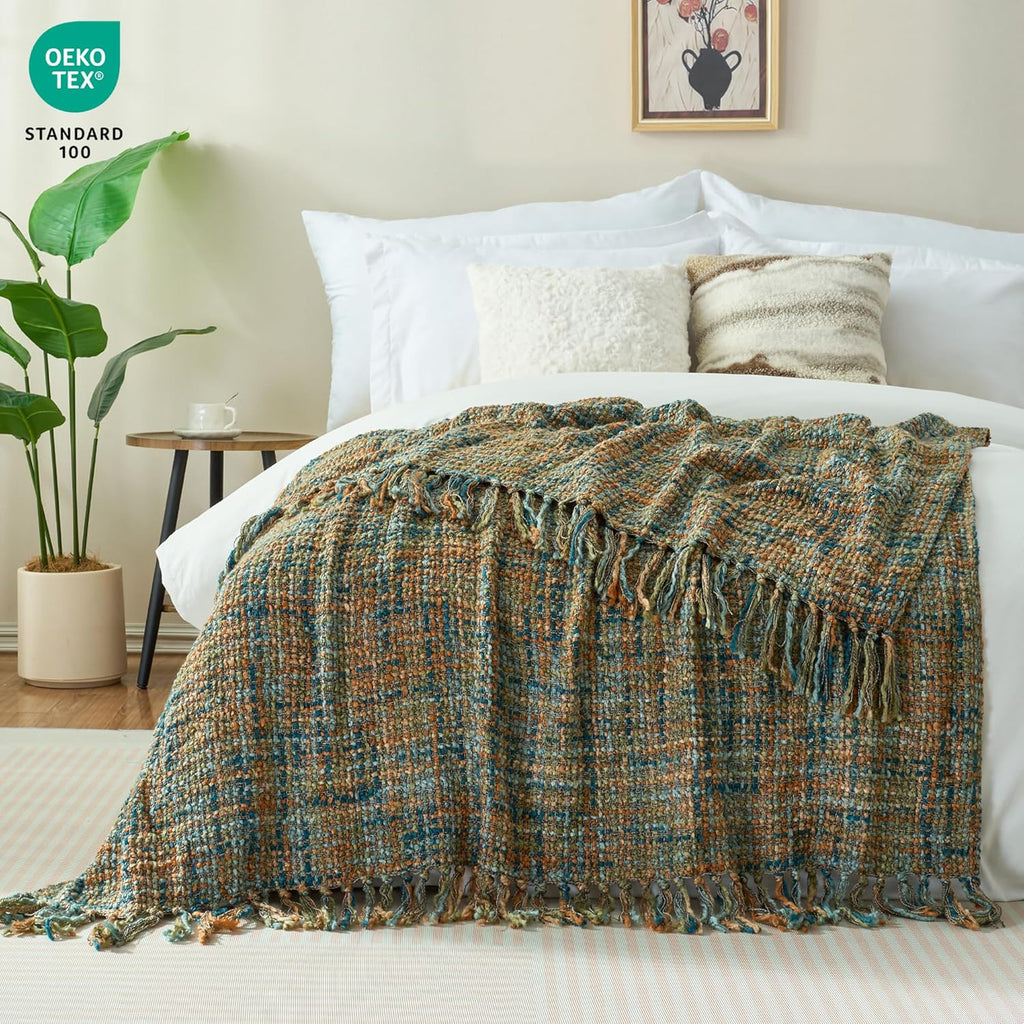 Multi-Color Gold Green Cable Woven Throw Blanket,50"X60" Boho Style Textured Blankets,Super Soft Warm Cozy Chunky