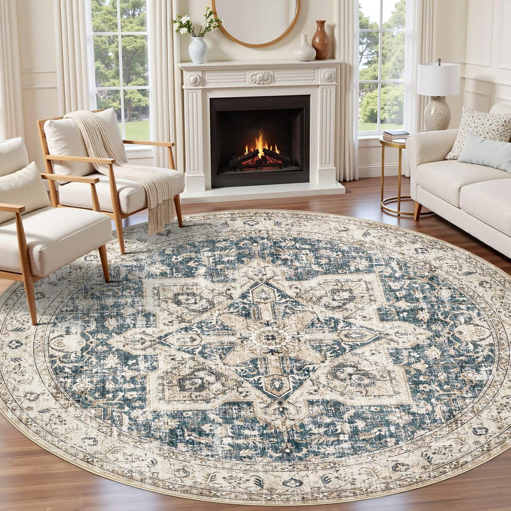 8' Round Area Rug Living Room Rugs - Washable Boho Rug Vintage Oriental Distressed Farmhouse Large T