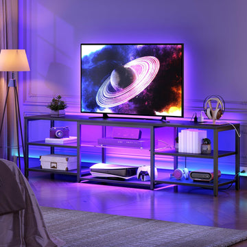 LED TV Stand for 75 Inch TVs with Charging Station, Gaming Entertainment Center with 3-Tier Open Storage, Long 70.1"