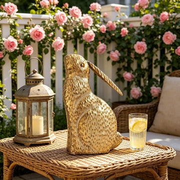 Vintage Rustic Gold Easter Bunny Figurine - 11.81" Tall Metal Rabbit Statue, Spring Farmhouse
