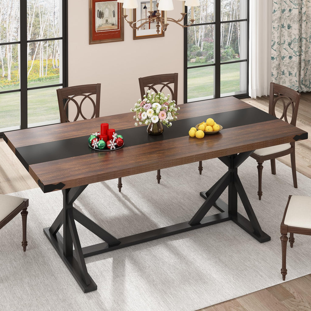 71 Inch Dining Table for 6 People, Rectangular Kitchen Farmhouse Table W/Thickness Waterproof Wood Tabletop, Long