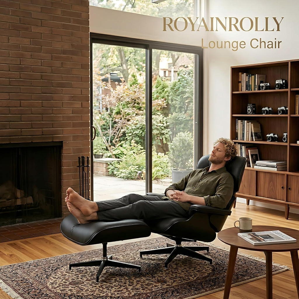 Mid-Century Modern Lounge Chair & Ottoman — Black Bonded Grain Leather, Walnut Base, Premium Tall Back