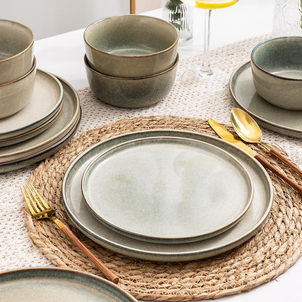 Stoneware Dinnerware Sets,Round Reactive Glaze Ceramic Plates and Bowls Sets,Highly Scratch Resistant | Dishwasher & Microwave Safe,Service for 8 Dishes Set (24pc)