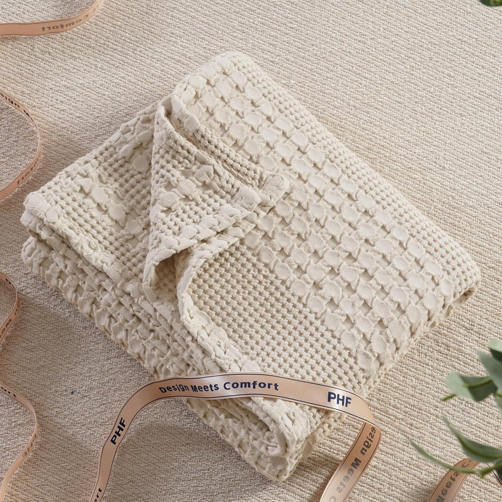 100% Cotton Waffle Throw Blanket, Lightweight Breathable and Soft for Summer, Luxury Aesthetic Waffle Weave Blanket